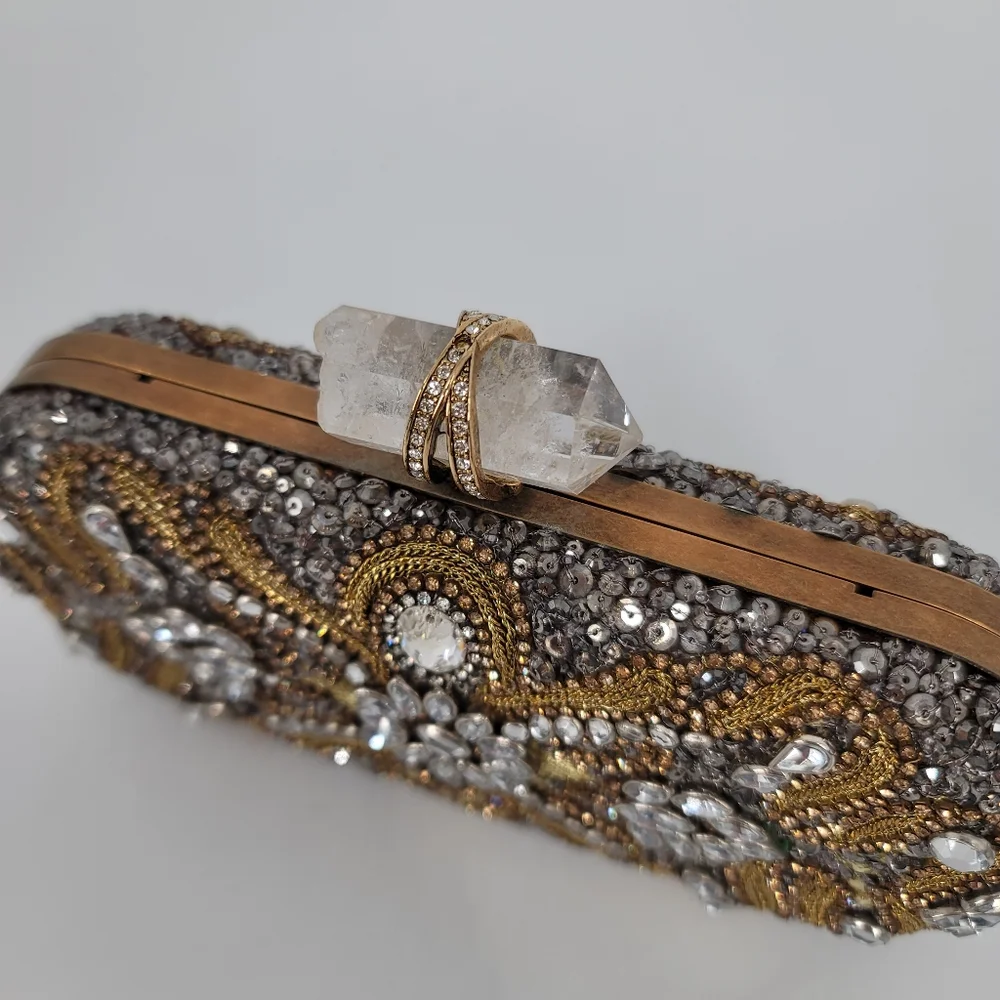 Marchesa Crystal Embellished Gold Evening Clutch with Strap and Dustbag